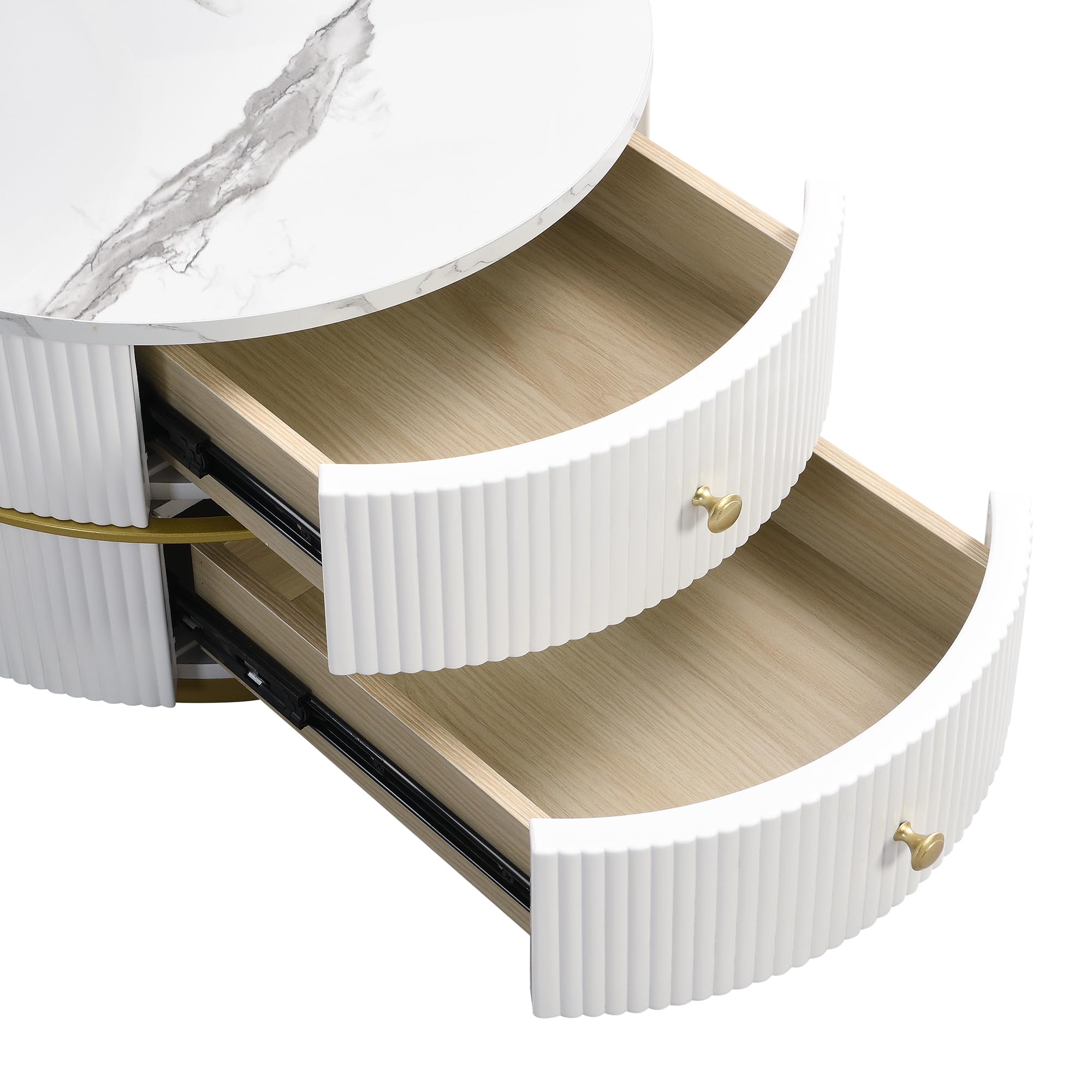 KAZZIO Elegante juego de 2 mesas de centro blancas en forma de nido, mesas redondas con aspecto de mármol brillante, 2 cajones, soporta hasta 30 kg, mesa de centro combinada de nido (blanco y dorado2)