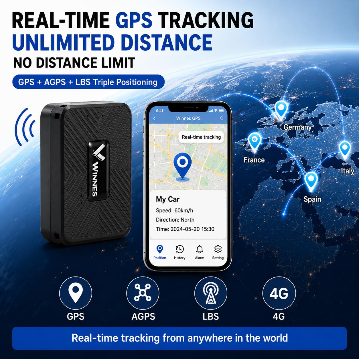 Winnes Mini Traceur GPS (GPS/AGPS/LBS), localisateur magnétique étanche pour Enfants, Voiture, vélo et Valise, Suivi en Temps réel, Fonction Anti-Perte, Application Gratuite
