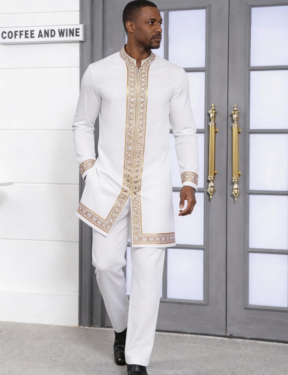 Mens African 2 Piece Set Nigerian Dashiki Shirt and Pants Outfit Gold Metallic Traditional Suit for Wedding Party Vacation