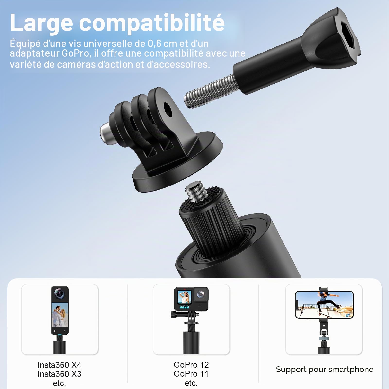 Trépied Invisible pour Perche à Selfie VYVIYON 65 Pouces, Monopode Extensible 2 en 1 pour Insta360 X5 X4ONE X2, poignée pour Perche à Selfie avec Adaptateur pour caméra d'action 1/4 Pouce pour GoPro