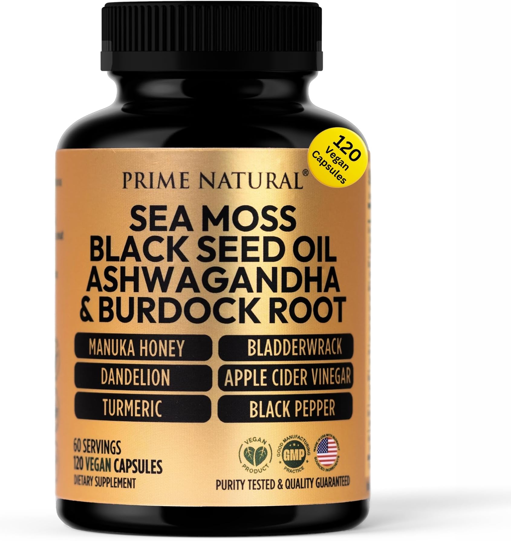 PRIME NATURAL Sea Moss 300mg Black Seed Oil 200mg Ashwagandha 100mg Turmeric Bladderwrack Burdock Manuka Honey Dandelion ACV - 120 Capsules | 60 Days Supply | Vegan