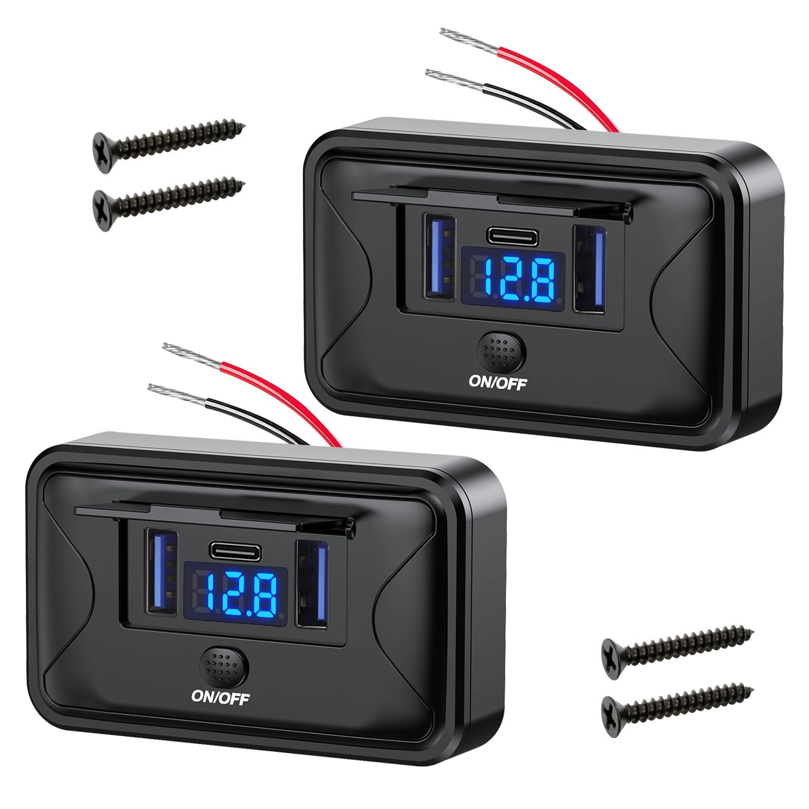 Linkstyle 2PCS RV USB Outlet, Dual 18W QC3.0 & 36W USB C Ports Car Outlet Panel, LED Voltmeter & Switch for 12V/24V Car