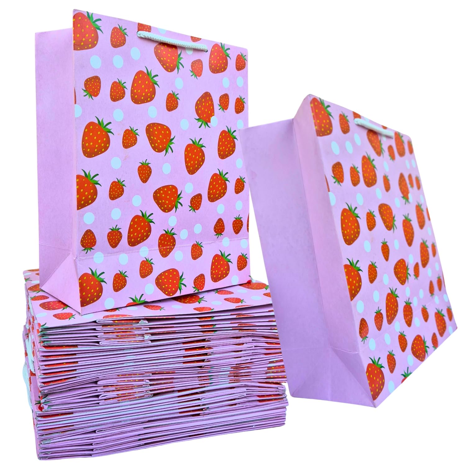 IncyWincy Strawberry Paper Gift Bags – Reusable Biodegradable Paper Bag (8x10x4 Inches) – Birthday Party Favor Small Return Gift Bag (10)-image-4