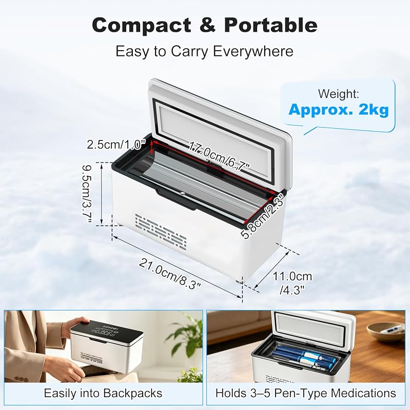 Mini frigider pentru insulină JAOGAUS, portabil, pentru medicamente, cu temperatură între 2-8°C, cu baterie dublă de 10200 mAh, pentru călătorii și mașină
