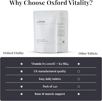 Oxford Vitality Vitamin D3 1000IU & K2 MK7 Tablets | Bone Support Supplement | Easy to Swallow Daily Vitamin D and K2 Tablets | Pack of 240