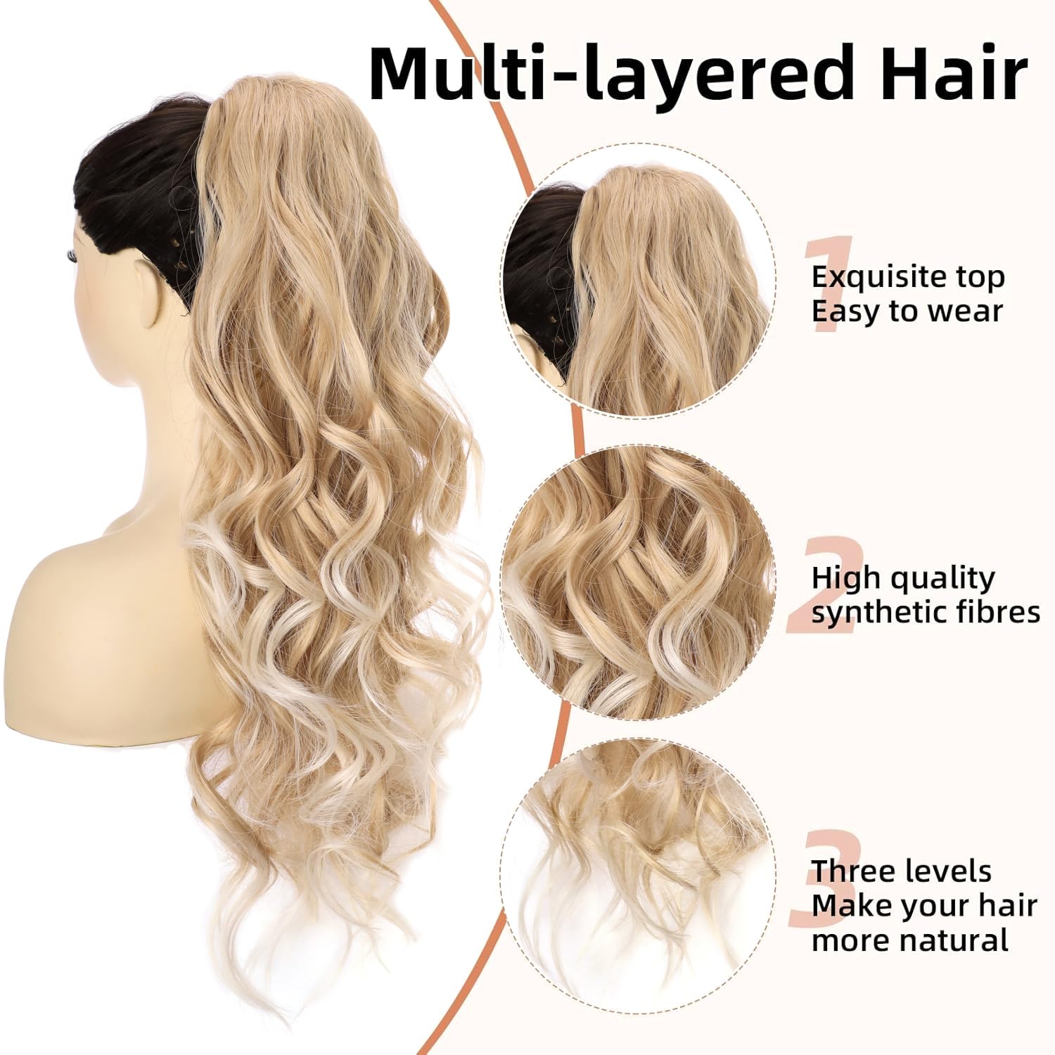YEESHEDO Long Wavy Ponytail Hair Extension for Women Drawstring Ponytail Hair Extensions Clip in Curly Synthetic Hairpiece (Blonde mix Platinum) - Image 2