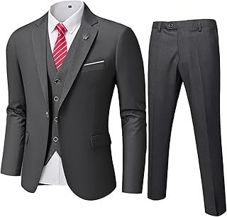 Men's 3 Piece Slim Fit Suit Set, One Button Solid Jacket Vest Pants with Tie - Buy now
