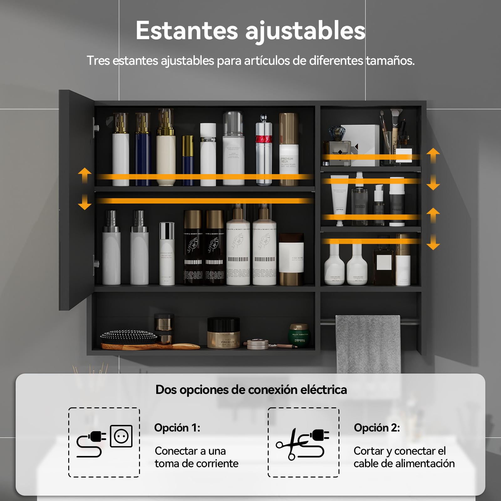 YU YUSING Armario Baño con Espejo y Luz LED 80x14x60 cm con Toallero, 3 Estantes Ajustables, 3 Modos de Luz, Negro