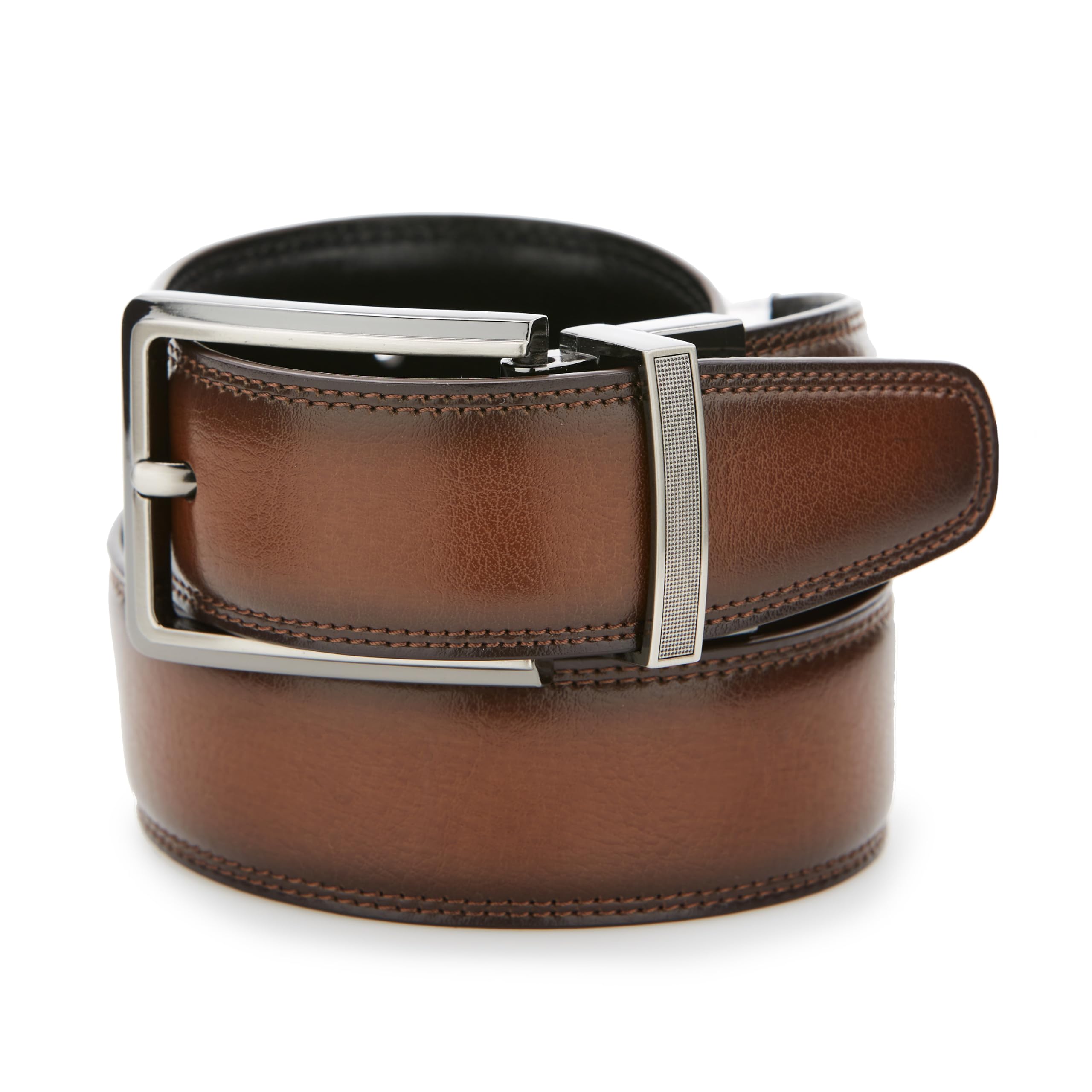 Men's Portfolio Double Stitched Leather Reversible Belt, Brown/Black, Silver Prong Buckle, Burnished Edges