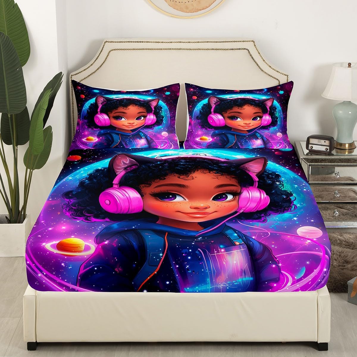 American Style Girl Fitted Sheet Full Size Universe Planets Galaxy Bedding Set 3Pcs(No Flat Sheet) Rock Music Earphone Bed Sheet for Girls Teens Room Decor Dreamy Nebula Deep Pocket Sheet