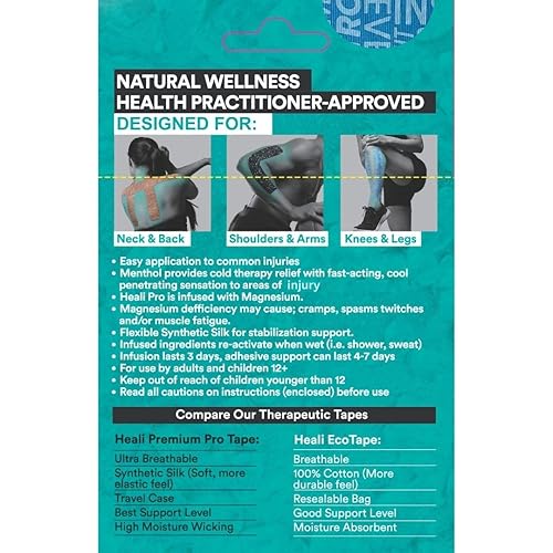 Miniatura 9 de Heali - Cinta de kinesiología con magnesio y mentol, 20 tiras precortadas, rollo de cinta K, rodillas, cinta deportiva de terapia física para