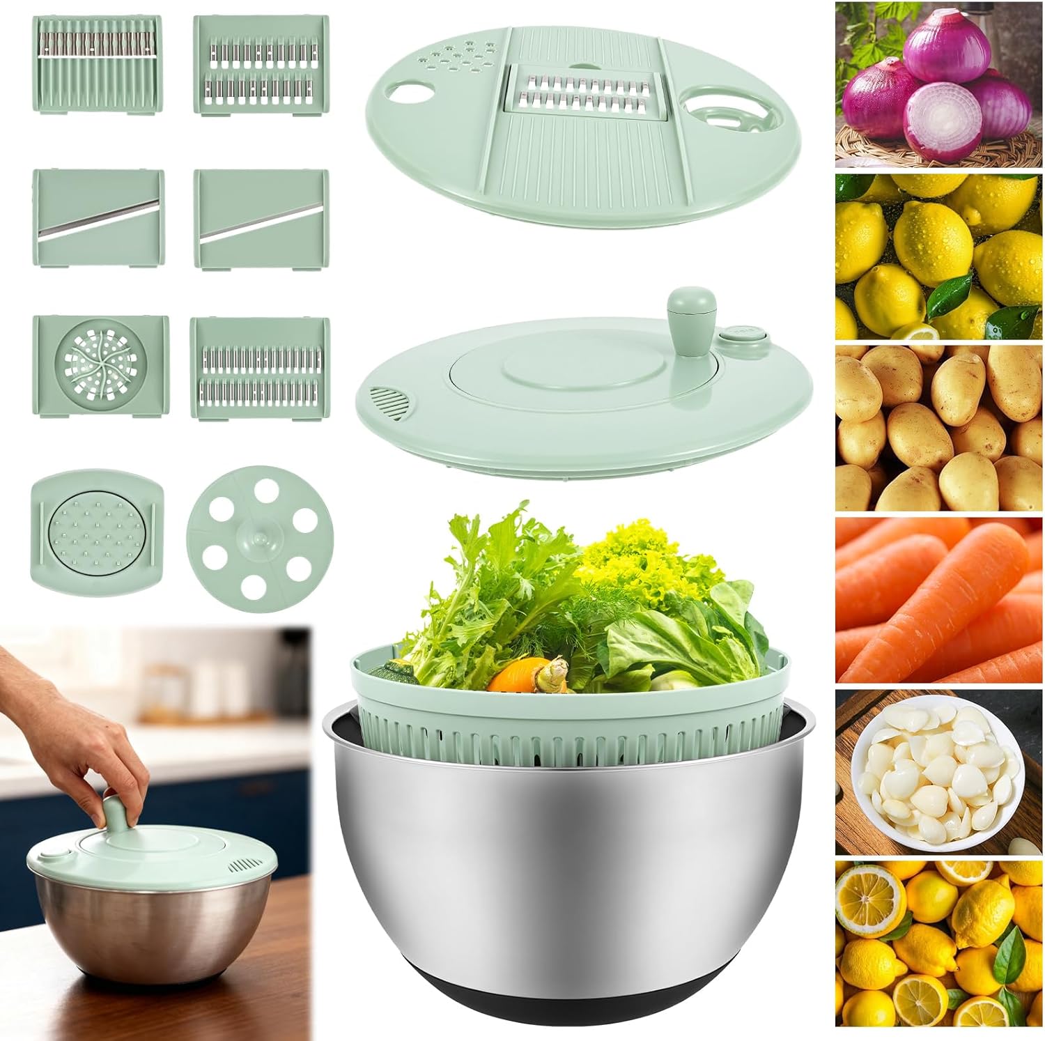 Stainless Steel Salad Spinner,4.2 QT Large Lettuce Washer Spinner with 5 Blade Slicer Non Slip Base for Kitchen Salad Vegetables(silver+green,4.2 QT)
