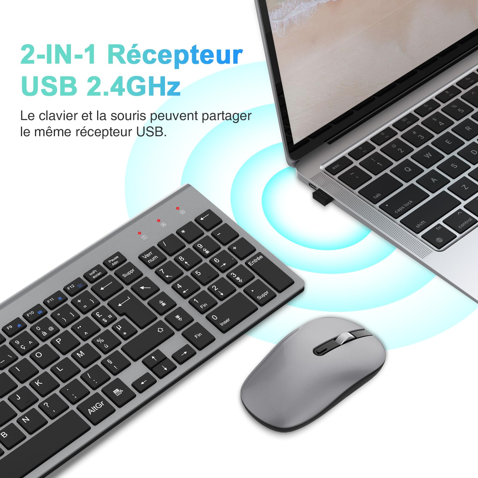 Ensemble Clavier et Souris sans Fil, cimetech Claiver AZERTY Français, Pack Clavier et Souris, Set Silencieux avec Récepteur Nano USB 2.4GHz, Compatible avec Windows/MacOS, Windows PC Laptop - Gris