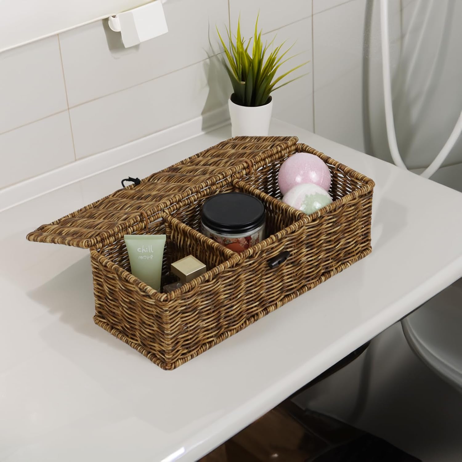 Waterproof Wicker Storage Basket with Lid and Dividers, Brown | Waterproof Handwoven Wicker Basket, Rectangular Tank Basket with Sections, Bathroom Storage, Snack Toy Box, Shelf Basket
