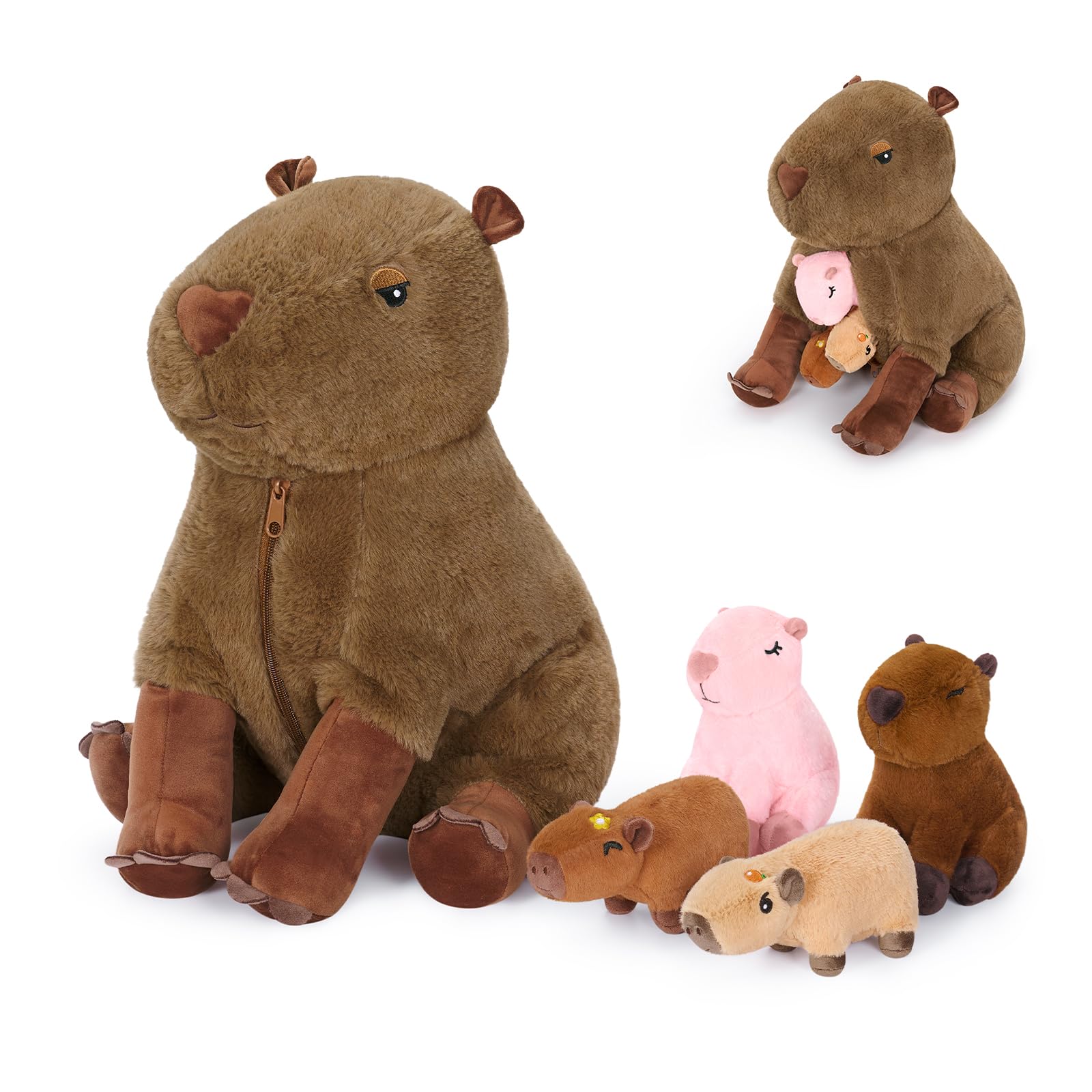 shownicer 5 Stück Capybara Plüschtier, 40cm Capybara Kuscheltier mit 4 Baby Stofftiere im Bauch, Plüsch Kissen Spielzeug Geschenk für Mädchen Jungen Kinder (Capybara Familie, Braun)