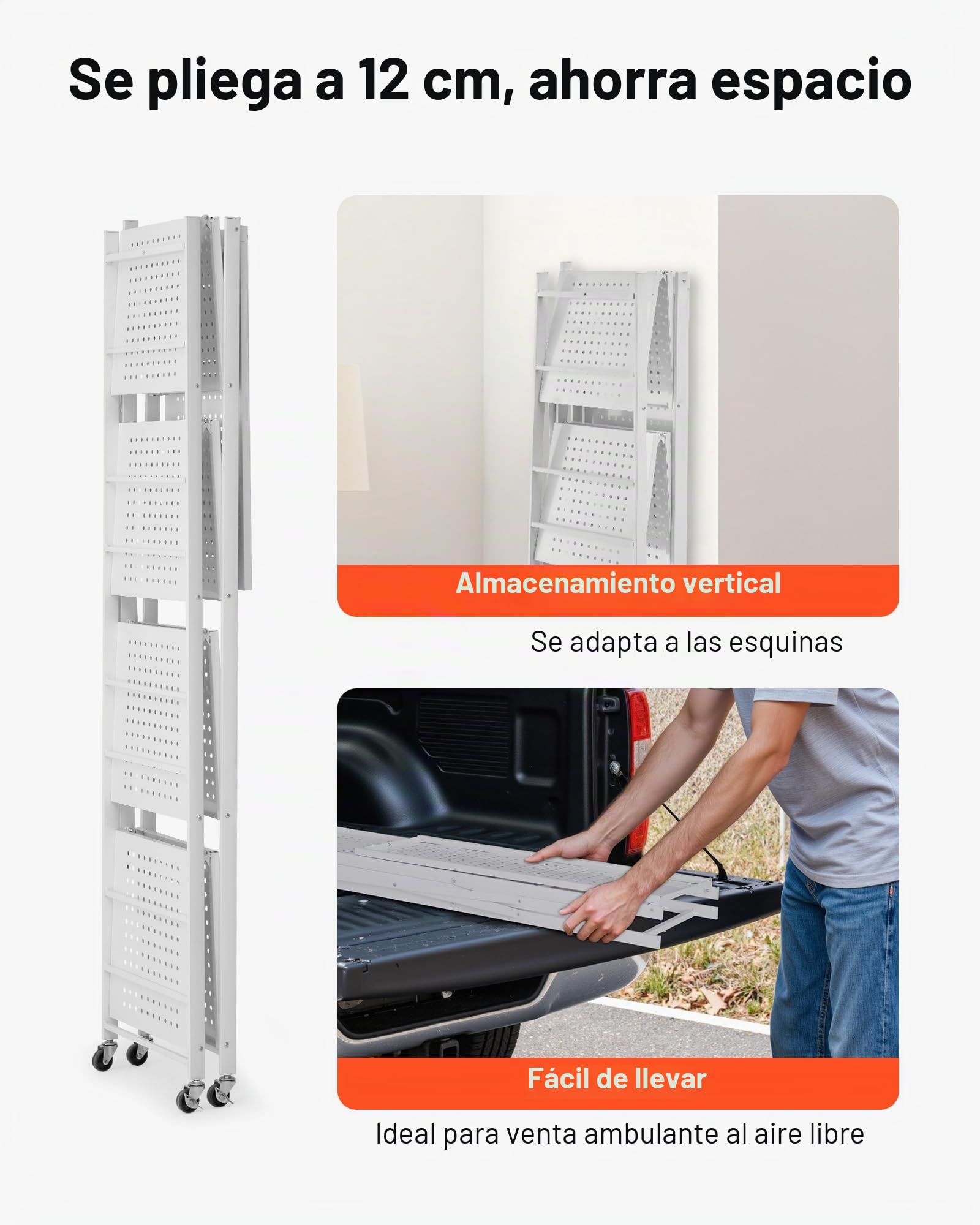 VEVOR Estante de Almacenamiento Plegable de 5 Niveles con Ruedas 71 x 38 x 163 cm Estantería Metálica Móvil Resistente, sin Necesidad de Ensamblaje, Organizador para Garaje, Cocina, Sótano, Blanco