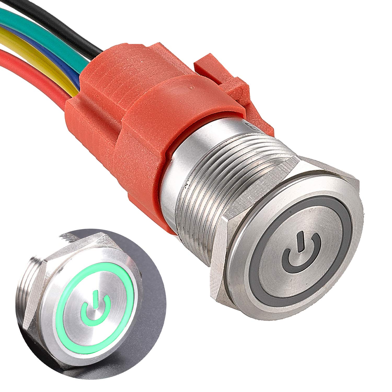 APIELE19 mm Latching V DC Power Symbol LED with Socket Plug 1NO 1NC SPDT ON OFF (Silver Shell/Green)