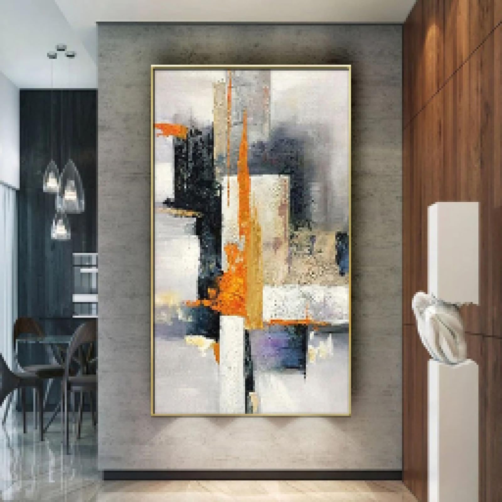 Lienzo grande para pared, pintura al óleo con textura, geometría abstracta moderna, cuadro artístico de pared, decoración vertical para sala de estar, porche, entrada, 60x135cm (24x53in) sin marco