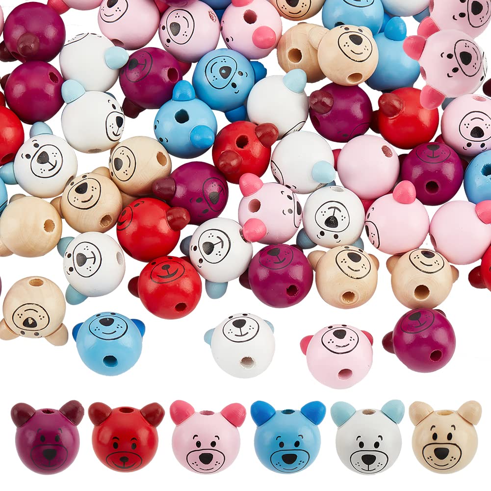 NBEADSNBEADS 72 Pcs 6 Colors Bear Head Wood Beads, Cute Animal Wooden Spacer Loose Beads for DIY Necklace Bracelet Arts Projects, 27x26.5~28x23.5~25.5mm