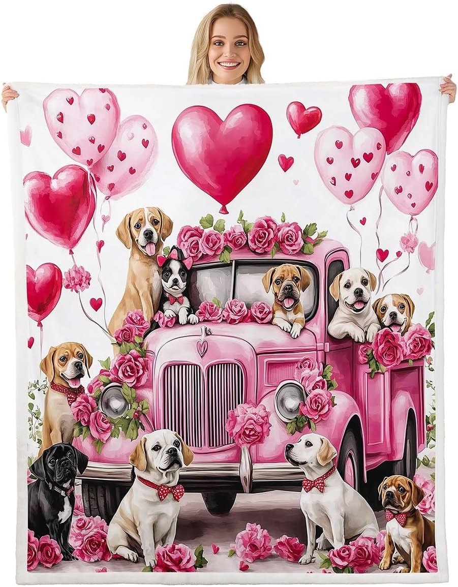 Erosebridal Pink Valentine's Day Dog Fleece Blanket Cute Animal Puppy Twin 60"X80" Throw Blanket for Kids Girls Teen Bed,Romantic Love Rose Flower Sherpa Blanket Pet Truck Balloon Plush Bed Blanket