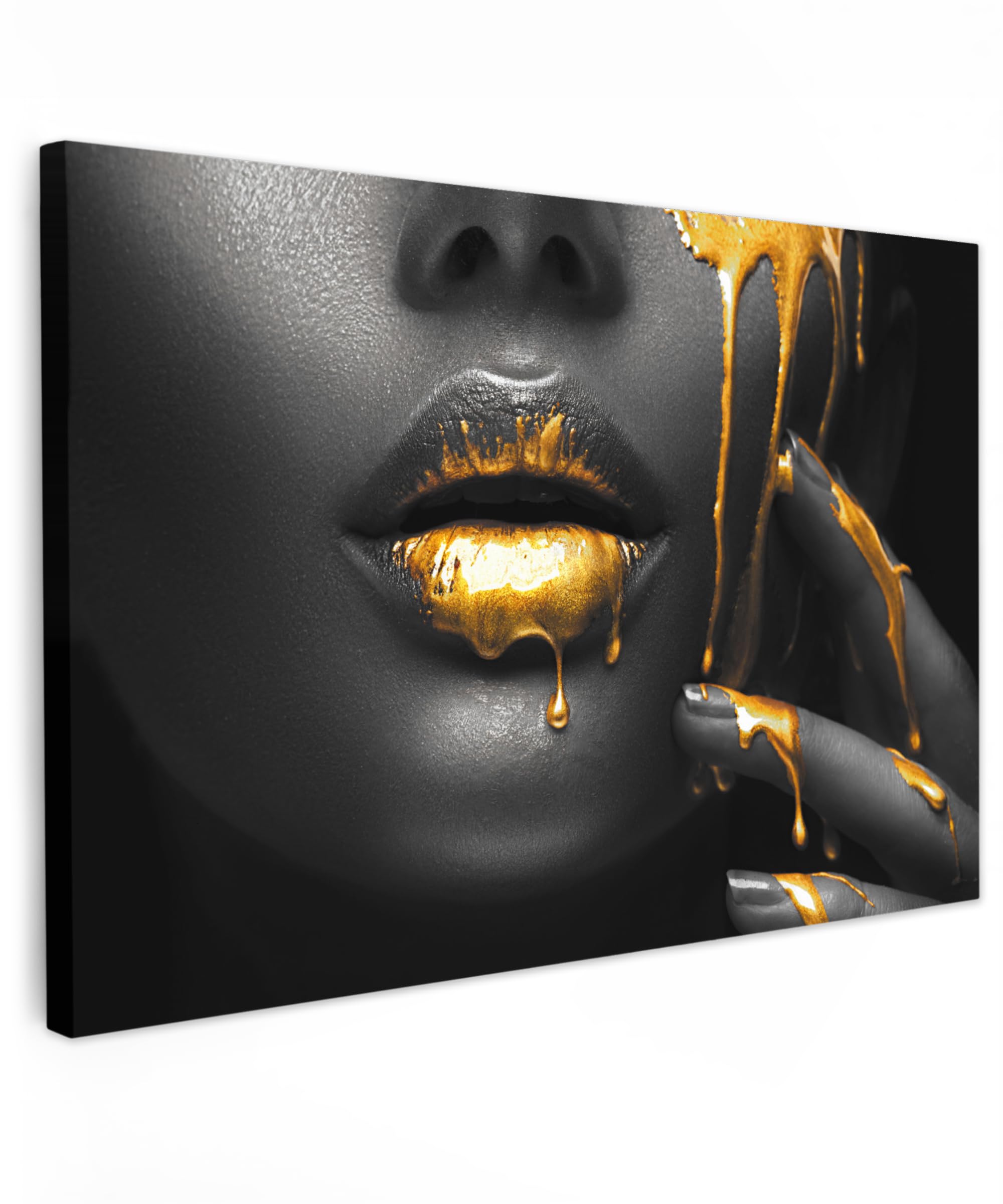 MuchoWow© Cuadros Decorativos Modernos para Sala 120x80 cm Lienzos Decoracion Pared Salon Quadros Decoração Dormitorios Mujer - Negro - Oro - Cara - Labios