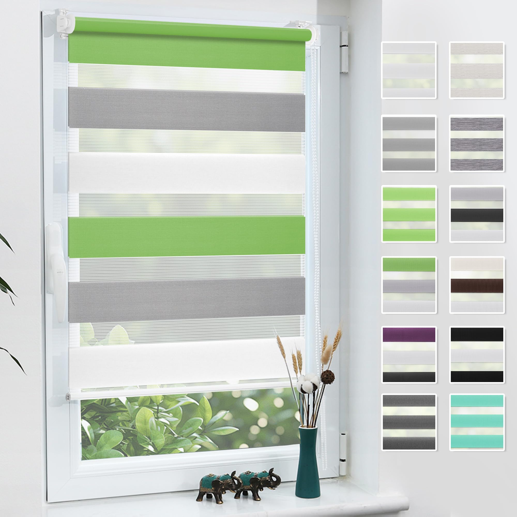 Grandekor Doppelrollo Klemmfix ohne Bohren 85x120cm Stoffbreite 85cm Grün-Grau-Weiß Fenster Rollos für innen Klemmrollos Duo Rollos für Fenster ohne Bohren Privatschutz UV-Schutz Zebrarollo