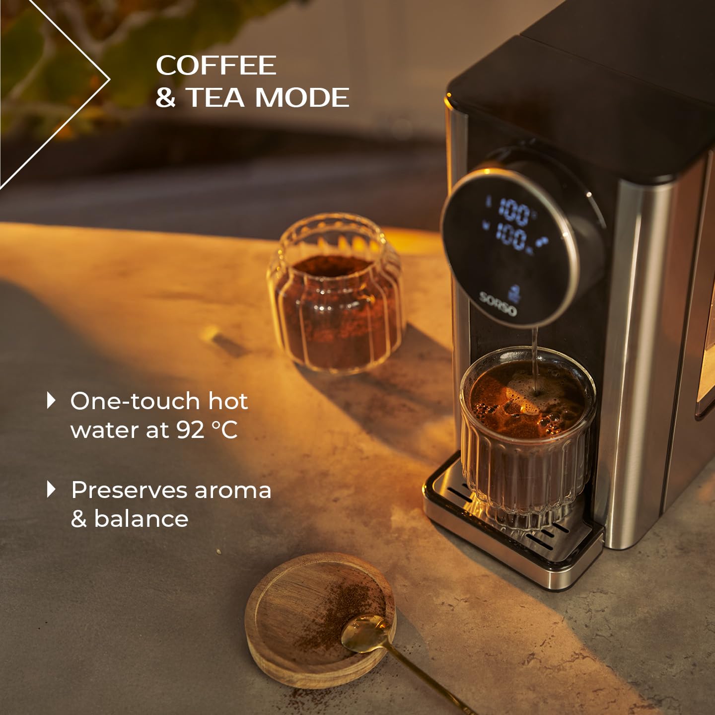SORSO Flow - Dispenser di acqua calda con regolazione della temperatura, bollitore per tè, purificazione dell'acqua per alimenti per bambini, 2,7 l, 2600 W, 40-100 °C, argento