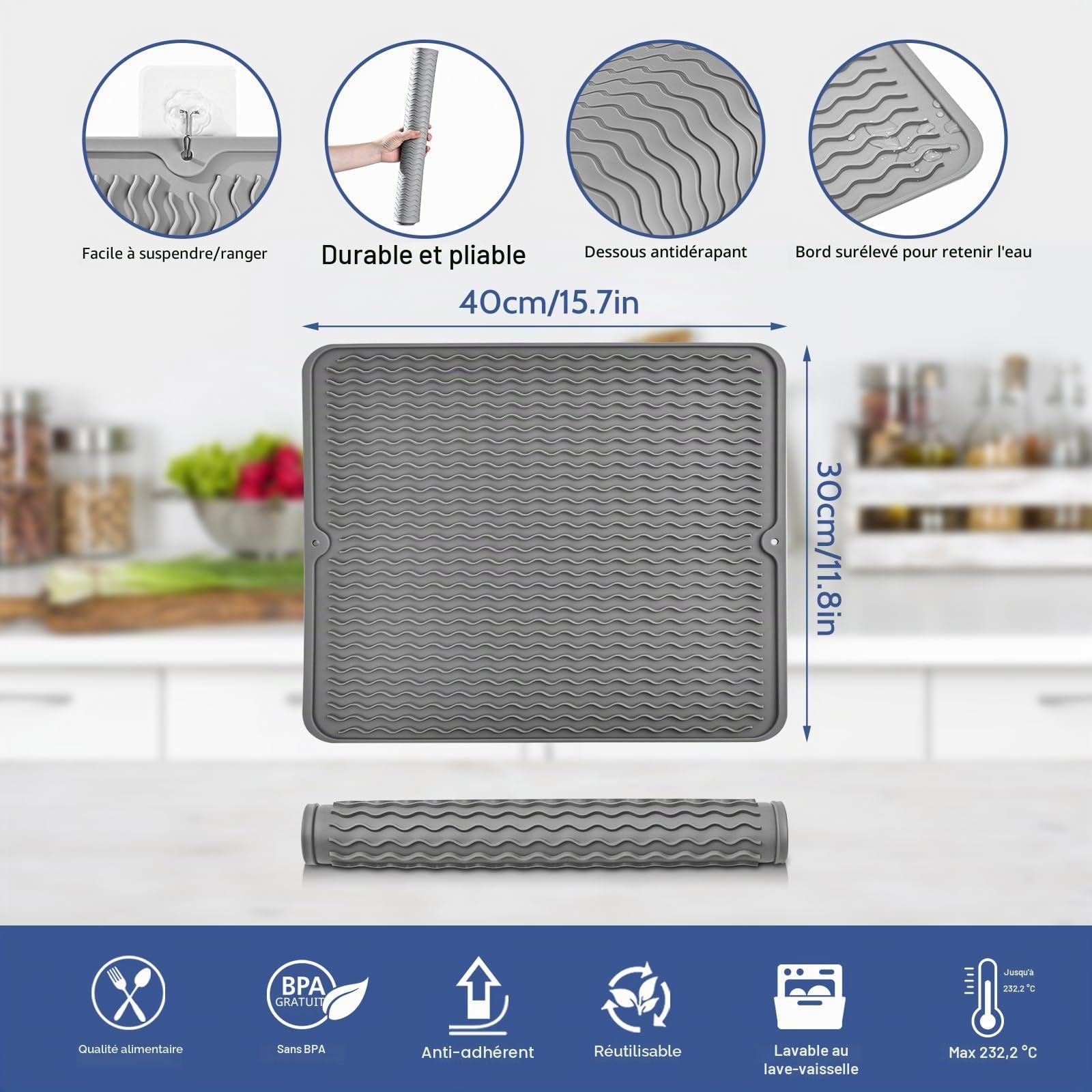 KitchenRaku Tapis Égouttoir en Silicone Résistant à la Chaleur pour Cuisine, Dessous de Plat Antidérapant, Dessous de Verre