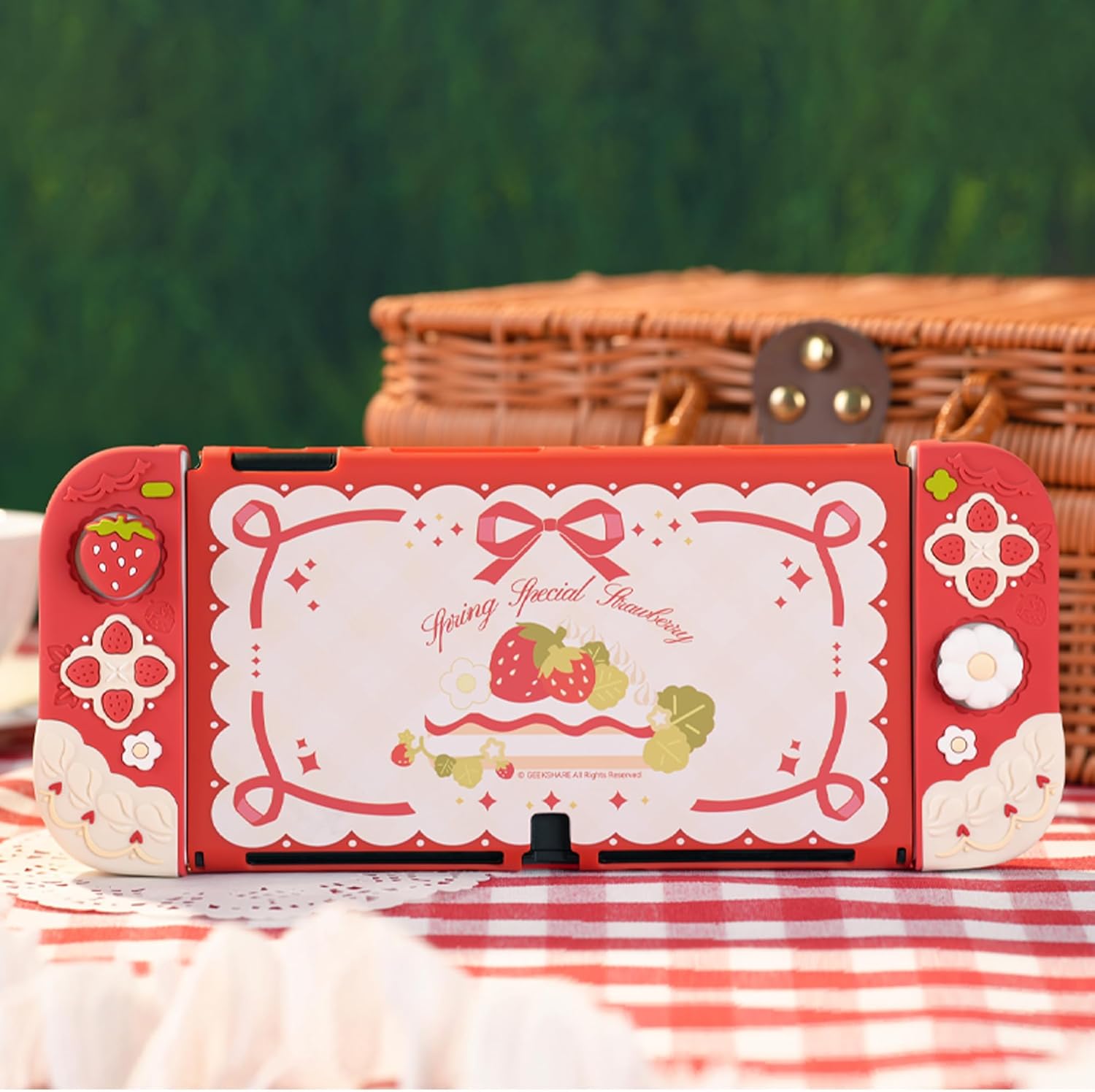 GeekShare Protective Case for Switch OLED Slim Cover Case Compatible with Switch OLED Separable Soft Silicone Protective Shell for Joystick with 2 Thumb Grip Caps - Strawberries with Cream - Image 6