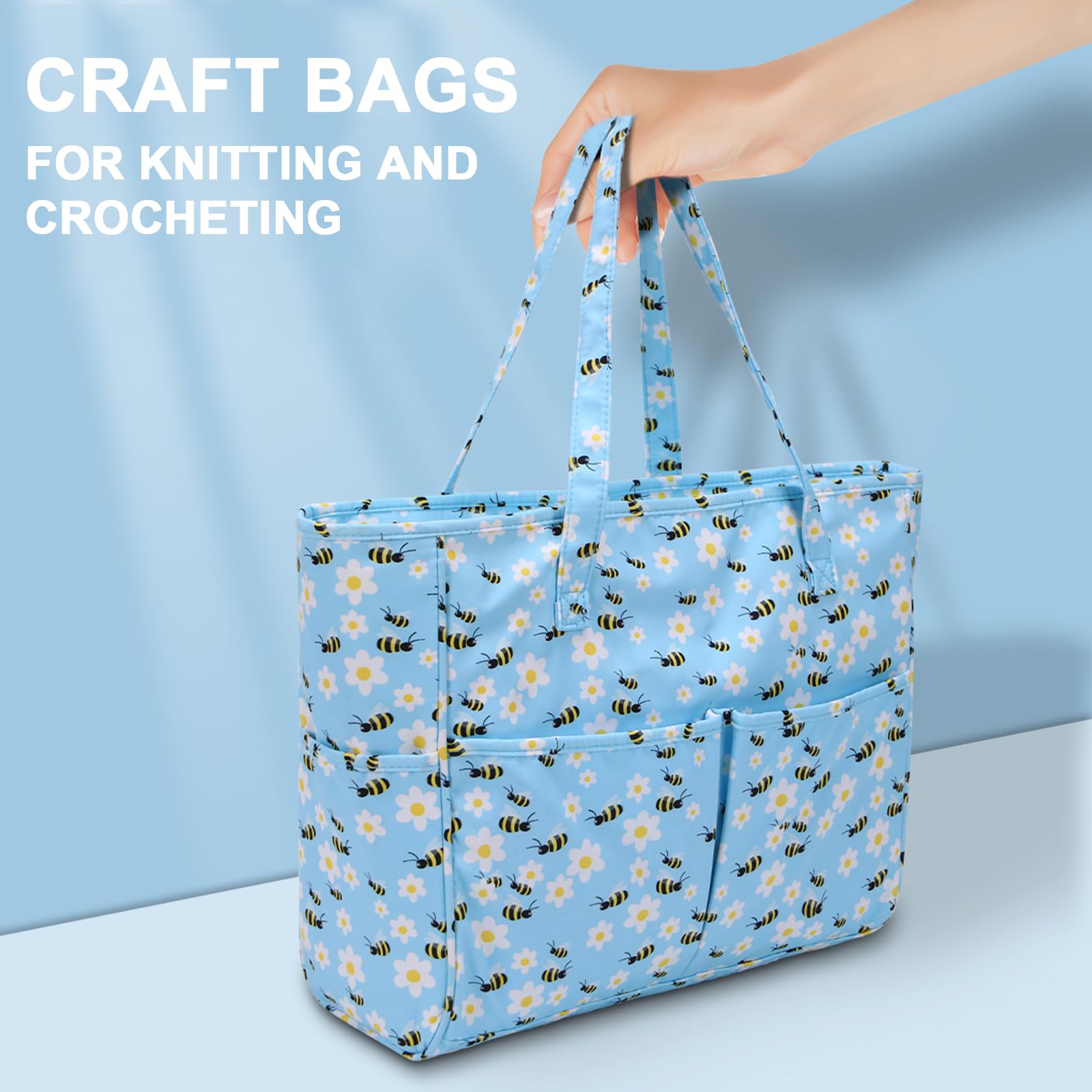 Coopay Sac fourre-Tout au Crochet. Sacs à Tricoter, Sac de Rangement pour travaux manuels, Couture, Point de Croix ou Broderie, Sac de Bricolage, Sac de Voyage pour Projet de Tricot, Abeille