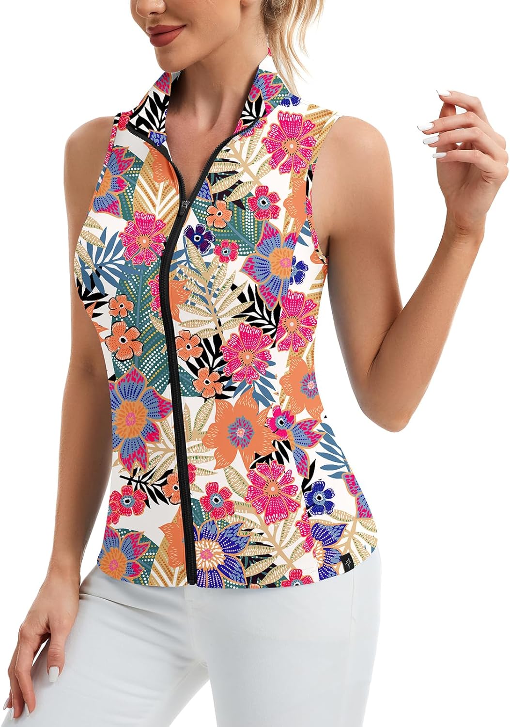 Soneven Womens' Sleeveless Golf Shirts Full Zip Golf Jacket Summer Causal Lightweight Vest for Hiking Workout