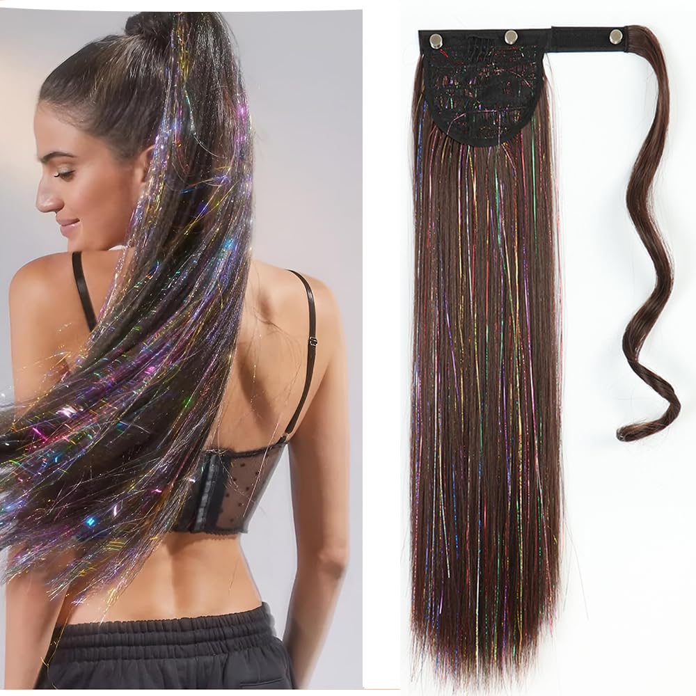 Ponytail Extension brown Wrap Around ponytail Hair pieces Natural Looking Synthetic Clip in Pony Tail Hair Extensions for Braiding Women Girls (4# Darkest brown,22Inch)
