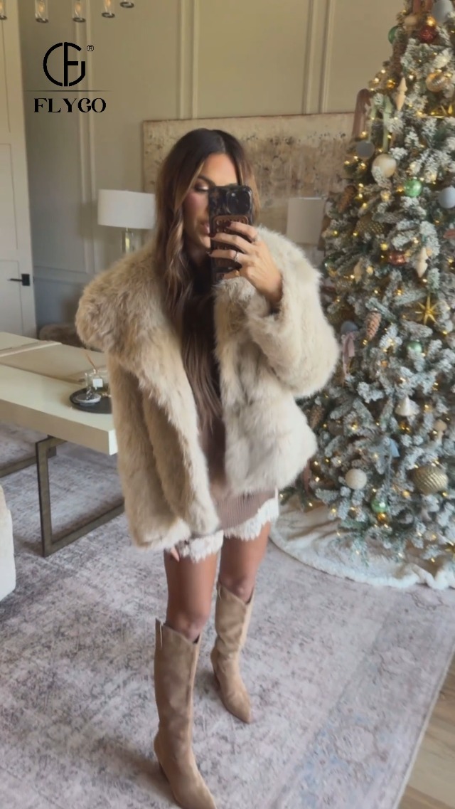 Flygo Women's Faux Fur Coat Fluffy Faux Fur Jacket Long Sleeve