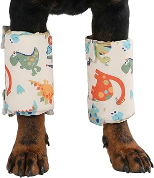 LovinPet Dog Leg Sleeves for Medium & Large Dogs, Set of 2 Anti-Lick Leg Wraps for Front & Hind Legs, Adjustable Soft Elbow & Leg Covers for Hotspots, Wounds, Calluses, Non-Brace,Dinosaur Print,Yellow