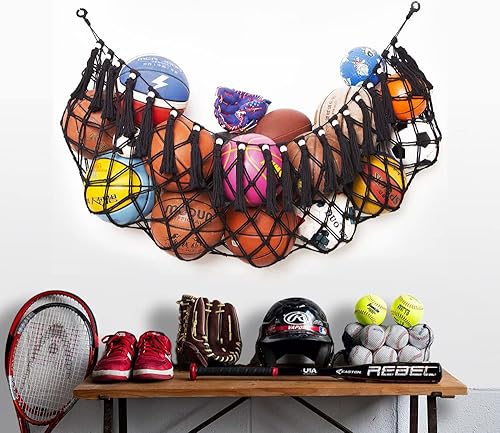 Miniatura 8 de Diocos Red de almacenamiento de pelota deportiva, hamaca para garaje, cesta colgante, red organizadora para balones de baloncesto, voleibol, fútbol,