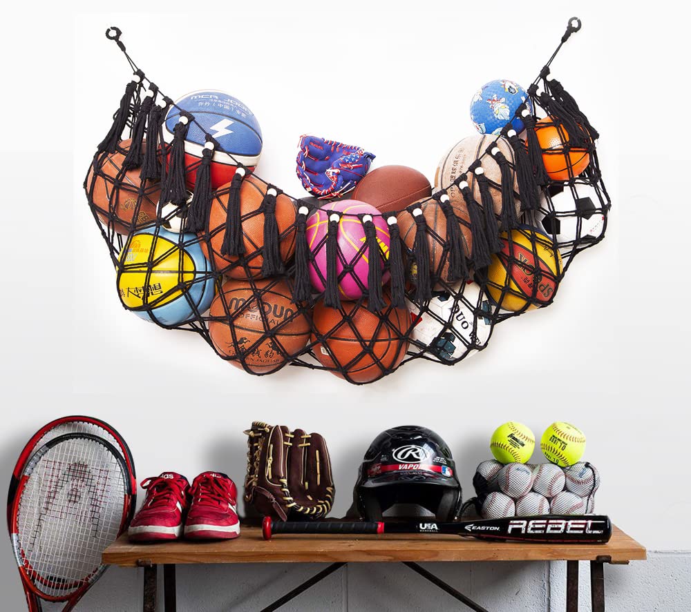 Organizador de almacenamiento deportivo para pelotas de garaje, organizador para colgar en la pared, red para baloncesto, voleibol, fútbol, equipo deportivo, malla de almacenamiento (montaje en pared