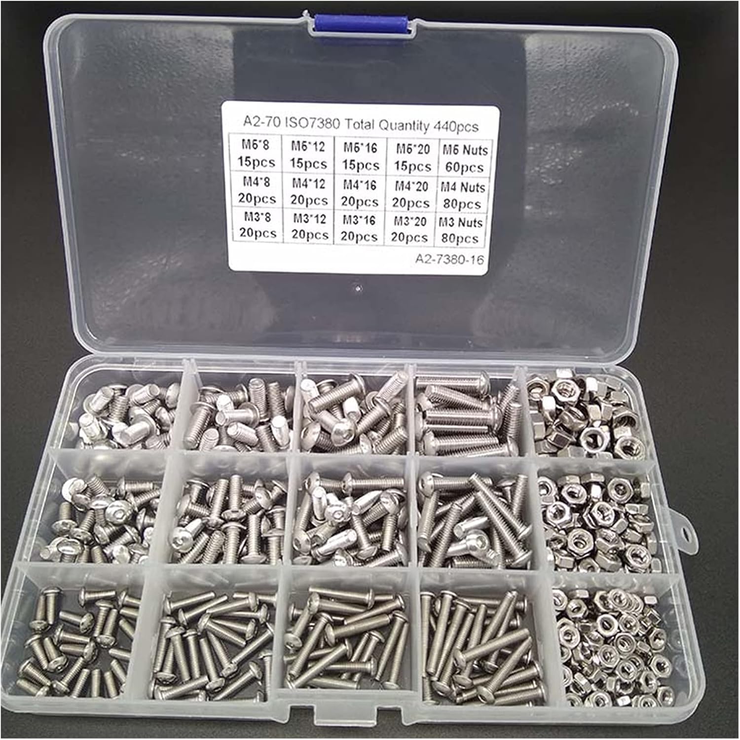 YANGQI yaoqijie M3 M4 M5 M6 M8 Hex Button Socket Head Cap Screw Nut Hexagon Metric Thread Machine Bolt Assortment Kit Set 304 Stainless Steel Lasting (Color : 440pcs)