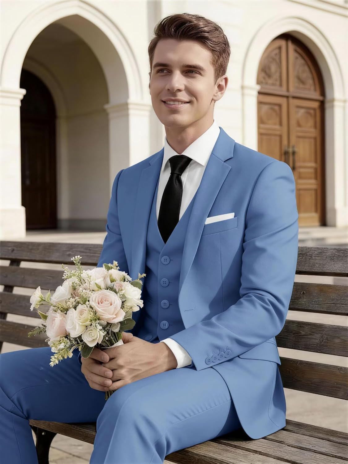 HUUTOE Men's 3 Piece Suits Slim Fit Prom Wedding Suits for Men Suit Summer Blazer Jacket Vest Pants Tuxedo Set