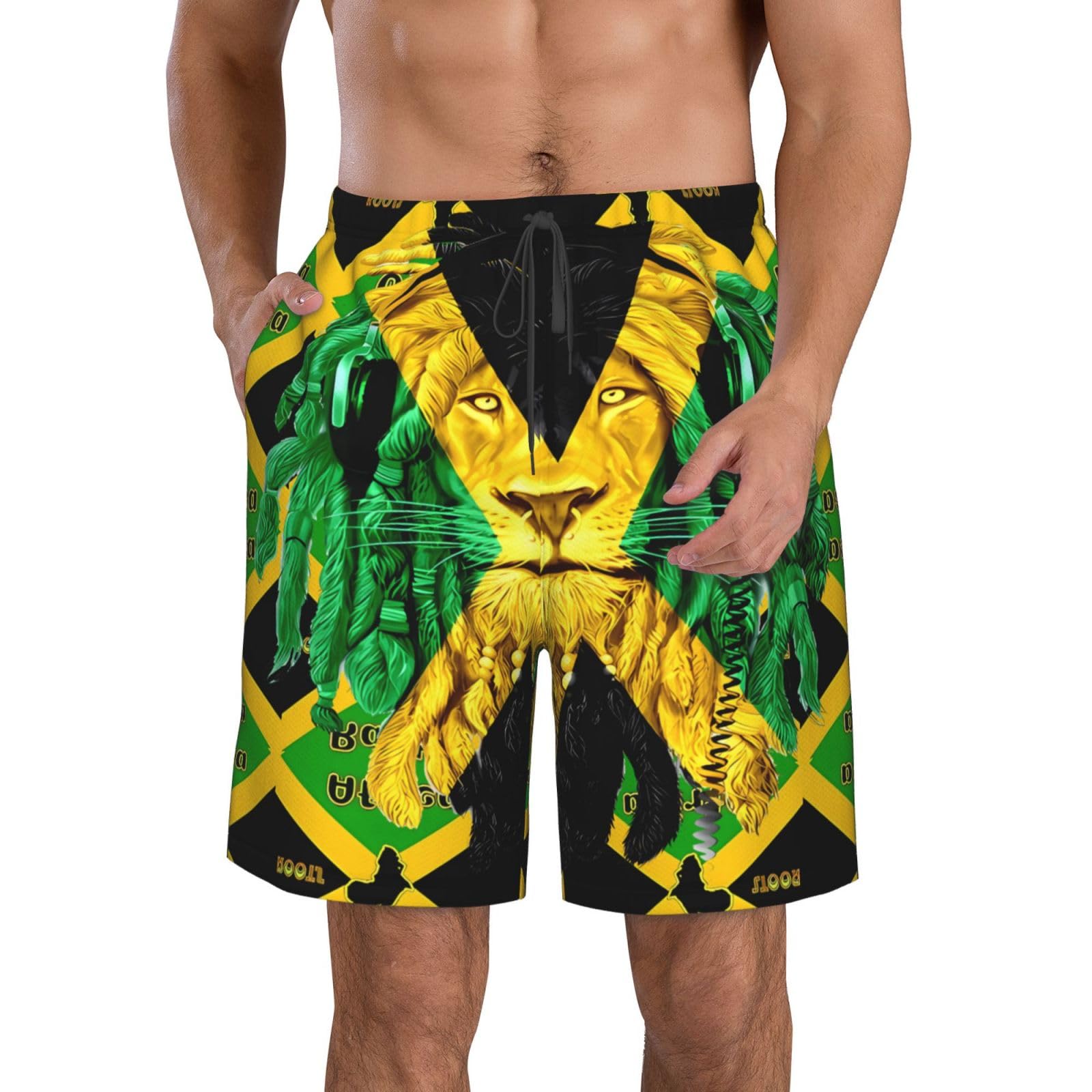 Woerexker Men's Pink Jamaican Flag Lion Head Quick Dry Swim Trunks Beach Board Shorts Swimming Swimwear
