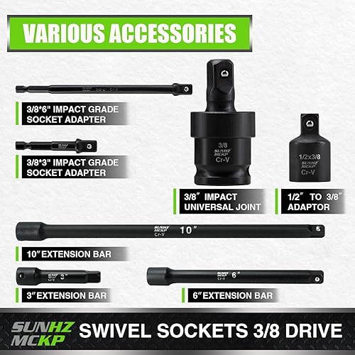 Miniatura 3 de SUNHZMCKP Juego de llaves de impacto de 38 pulgadas, 52 piezas SAE estándar (516-34 pulgadas) y métricas (0.315-0.866 in) poco profundas y