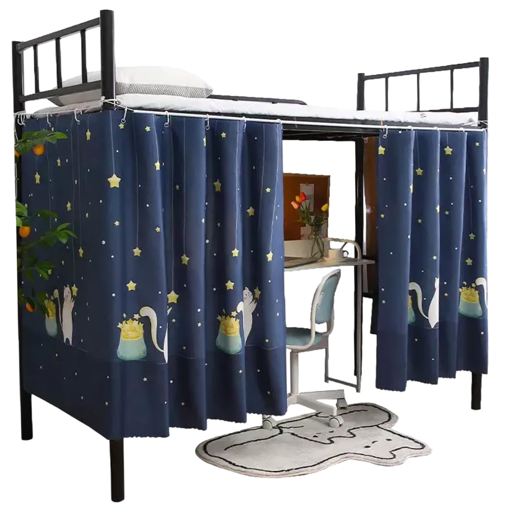 Wedhapy Curtains for Bunk Bed Bunk Bed Curtains 2 Panel 79x45 Cat Picking Up Stars Loft with Grommet, Hanging Ring & Rope for 3 Sides, Ideal for Dormitory