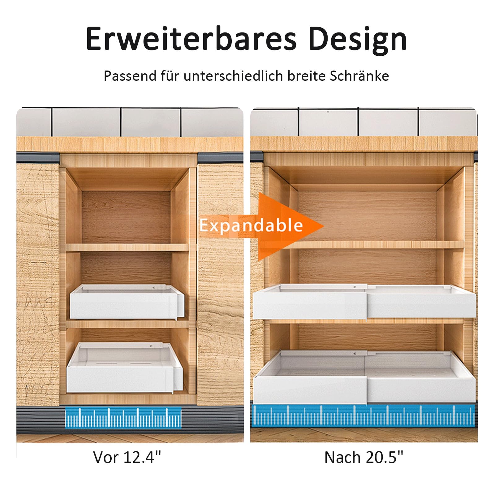 Trintion Teleskopschublade, Erweiterbar Ausziehbare Schubladen-Aufbewahrungsregale Verstellbare Breite (32-53cm) für mit Klebefolie,für Küche und Badezimmer Küchenschränke (Weiß)