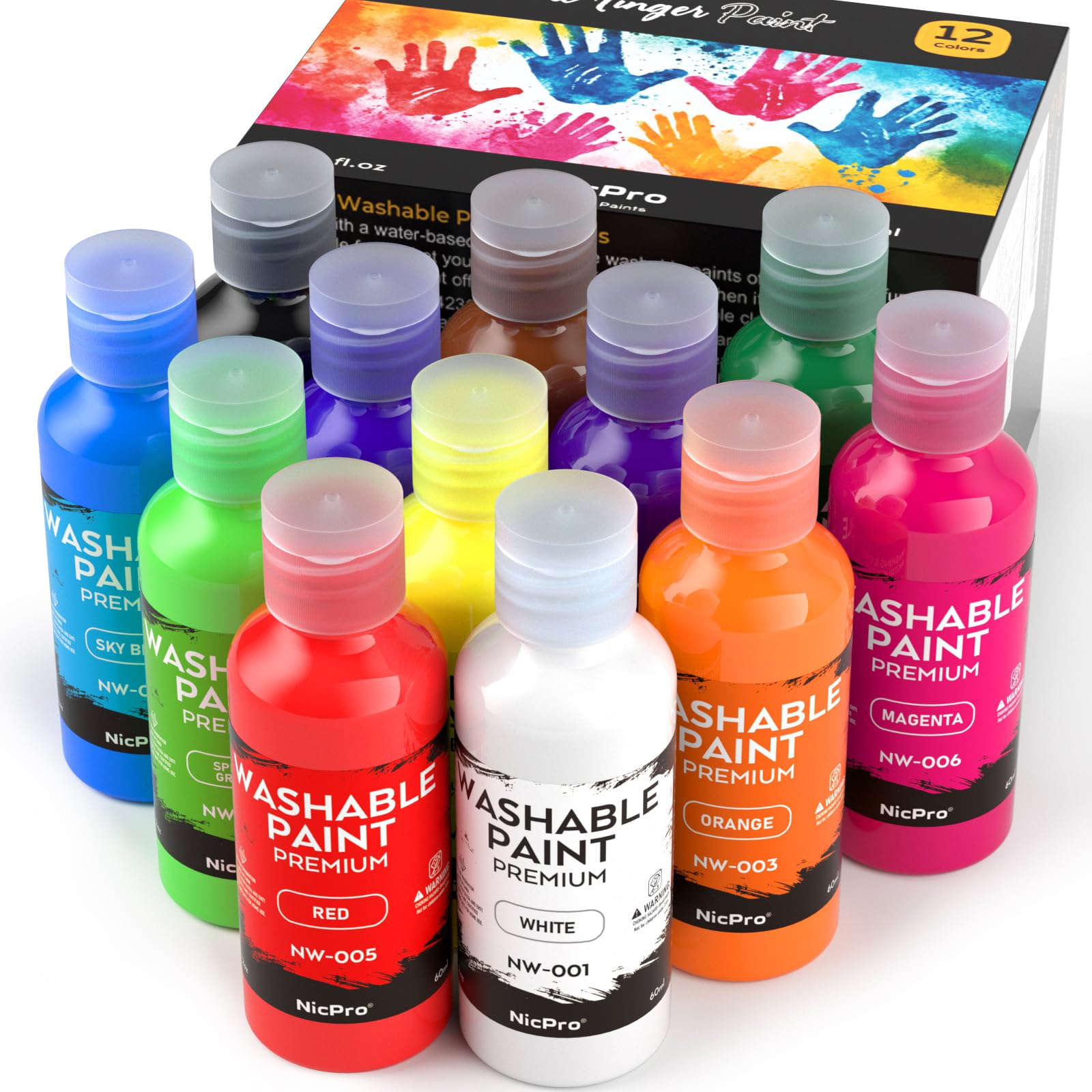 Nicpro Tempere Lavabili per Bambini 12 X 60 ml, colori a dita per bambini atossici, Pittura Per Le Dita Colori Intensi, Colori A Tempera Per Pittura per diy, Artigianato D'Arte, Halloween e Pasqua