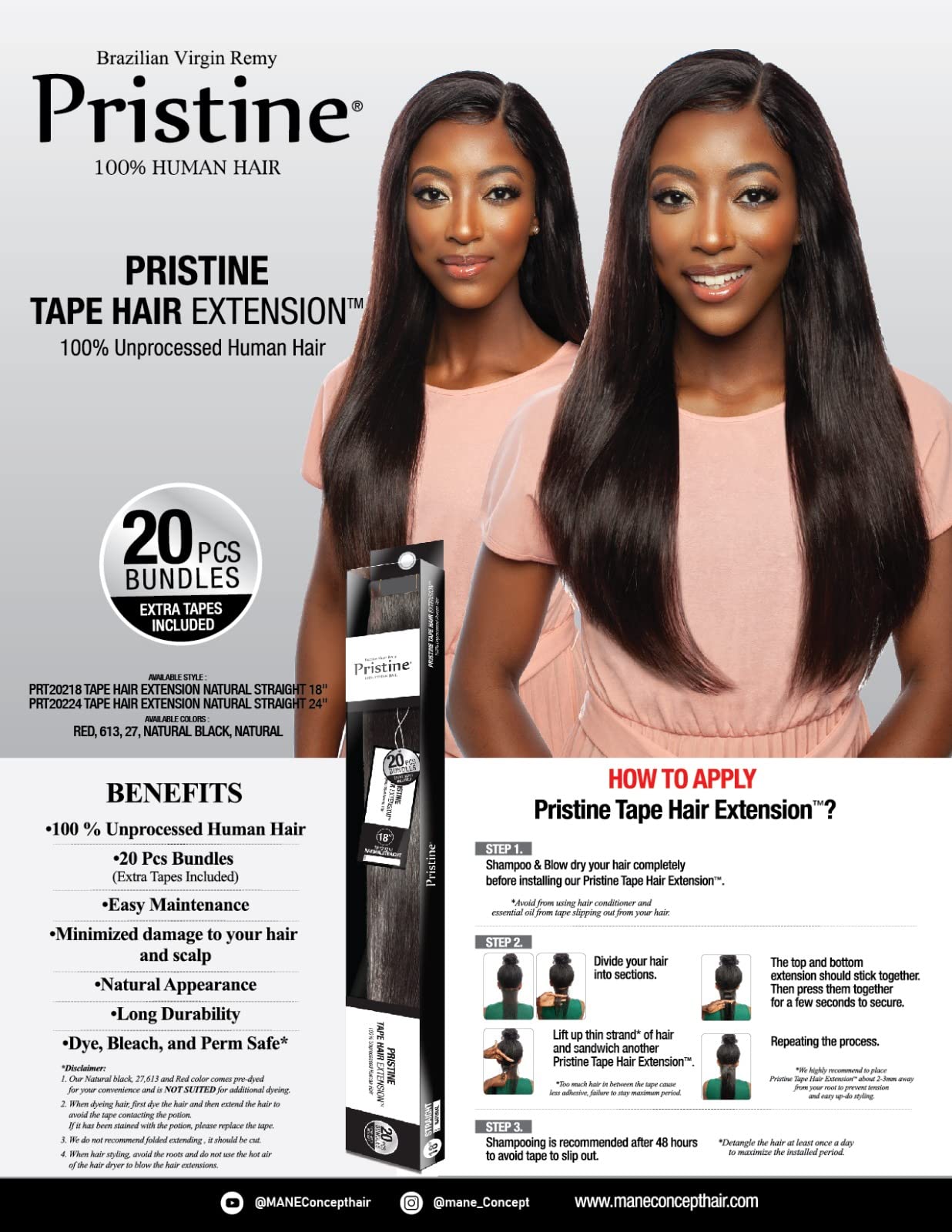 MANE CONCEPT PRISTINE TAPE HAIR EXTENSIONS HUMAN HAIR 20PCS BUNDLE COLOR 27 18'