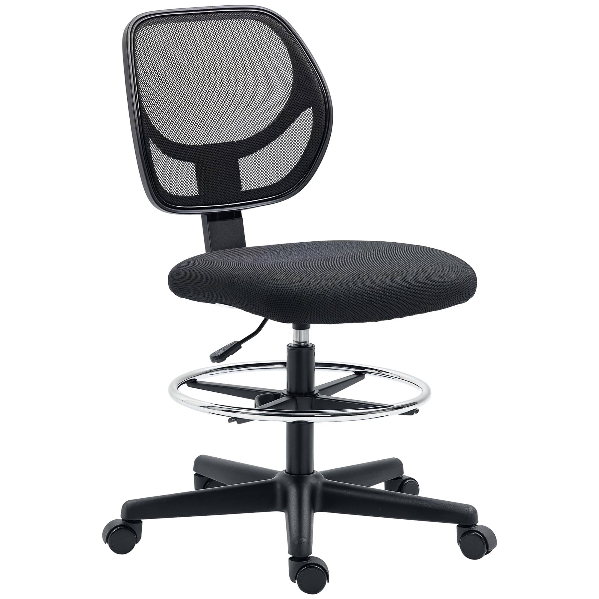 Vinsetto Bürostuhl Ergonomischer Zeichenstuhl Fußring 93-113 cm Schwarz | Verstellbarer Fußring, Höhenverstellbarer Drehstuhl, Schreibtischstuhl mit Rollen, Arbeitsstuhl