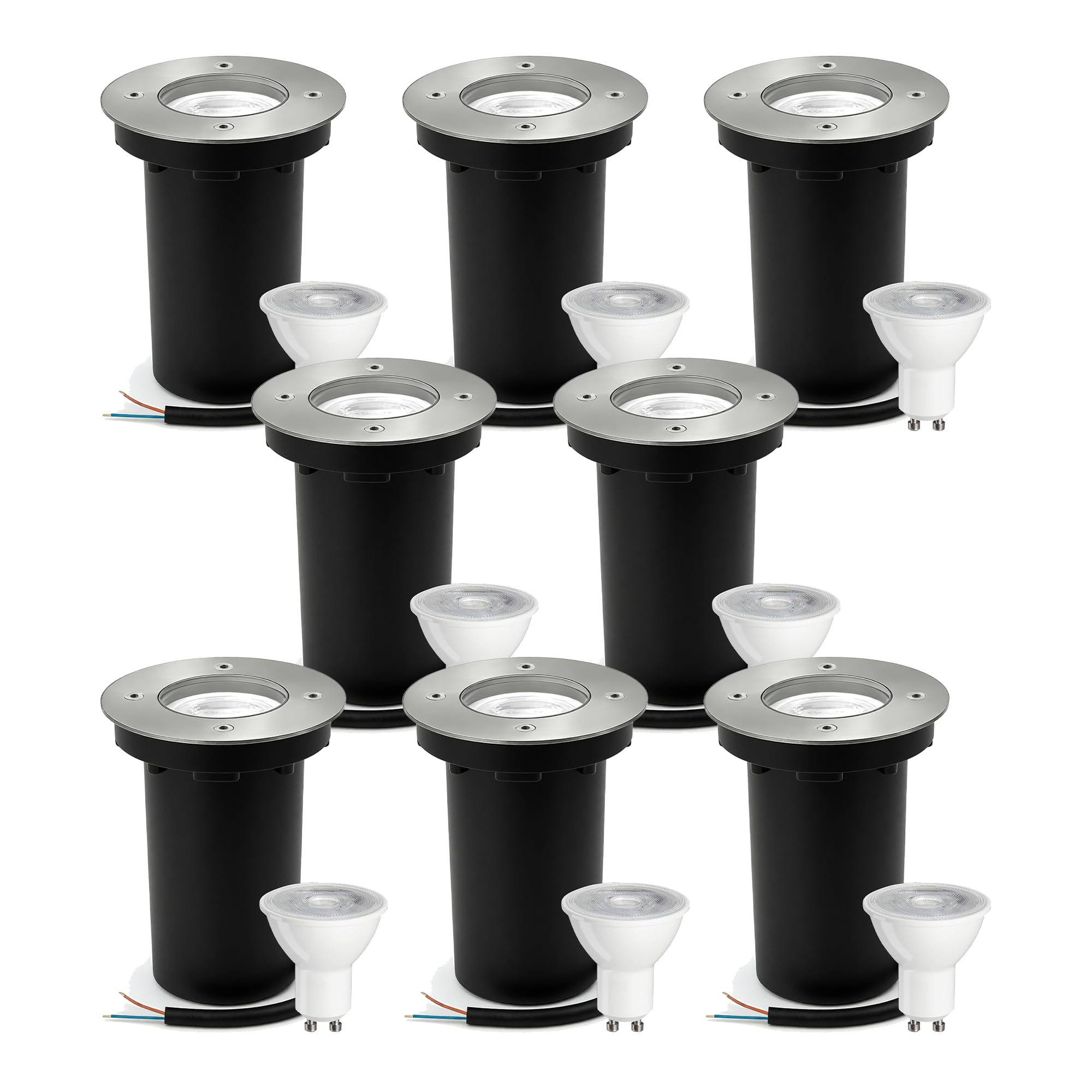 JNR Edelstahl Bodenstrahler Außen IP67 Wasserdicht 230V, Silber 8 Pack | Bodeneinbaustrahler Aussen mit 5W GU10 3000K Glühbirne, Rund Bodenleuchten Gartenbeleuchtung mit Strom