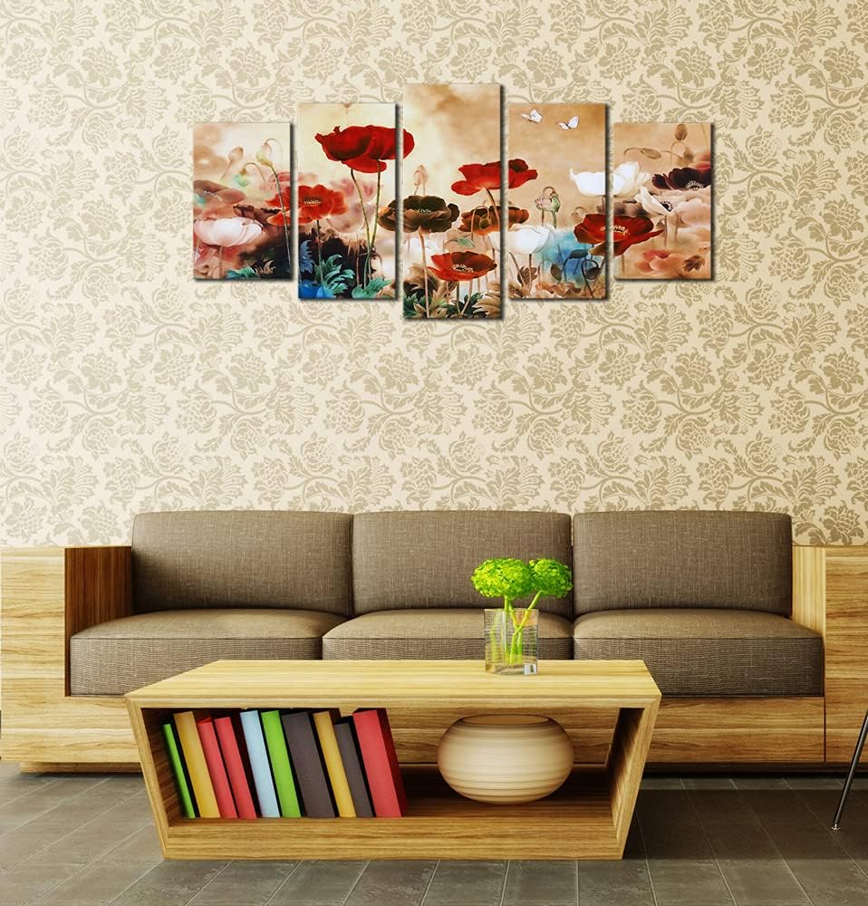 Wieco Art Blooming Poppies 5 Piece Canvas Prints Wall Art Colorful Floral Pictures Paintings for Bedroom Home Decorations Modern Stretched and Framed Giclee Contemporary Pretty Red Flowers Artwork
