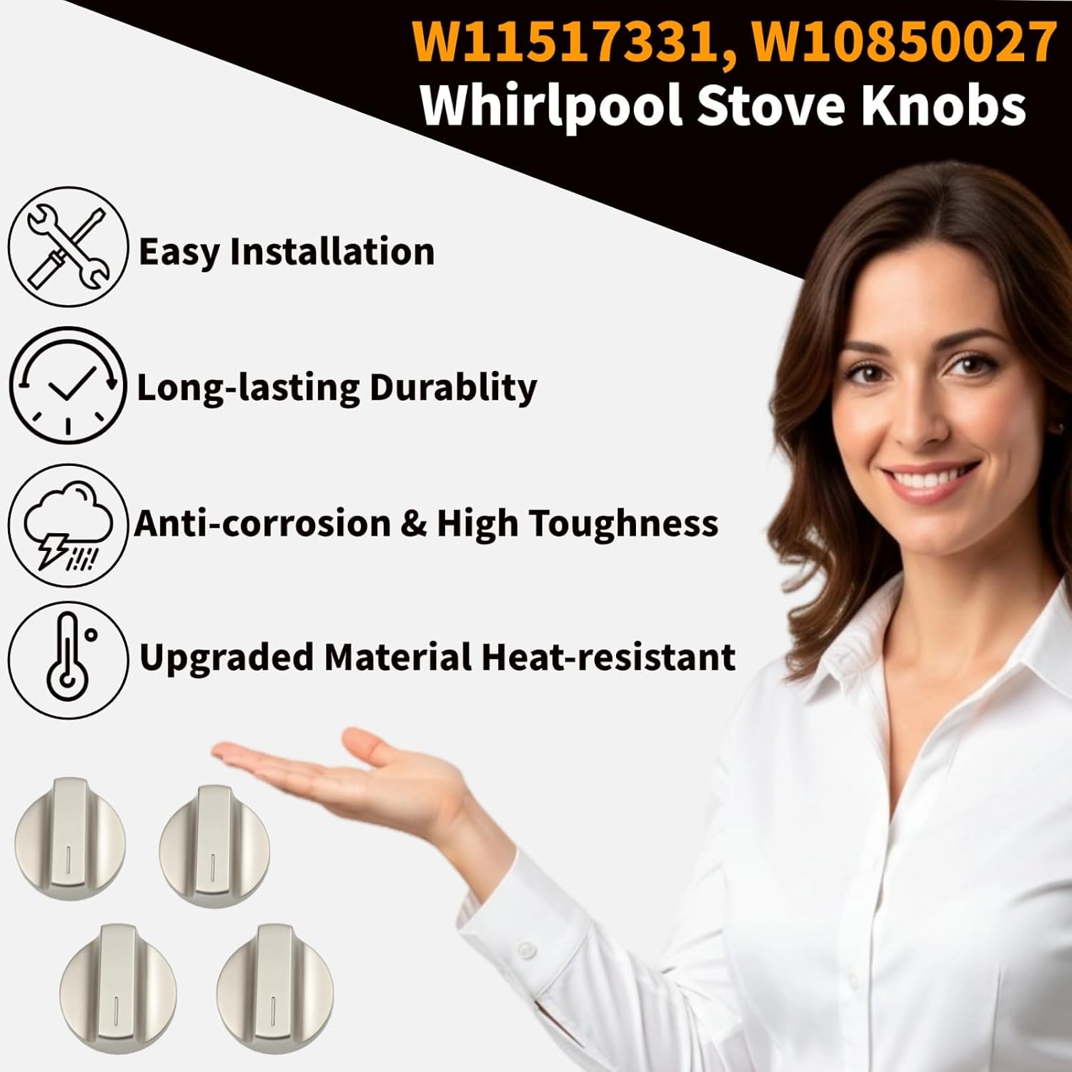 4 Pack Upgraded W11517331 Stove Knobs Replacement for Whirlpool Gas Stove Knobs W11117415 W10850027 W11458840 Compatible with Whirlpool WEE745H0FS0 WEC310S0LS1 WEE515S0LZ1 Oven Top Range Cooktop Knobs