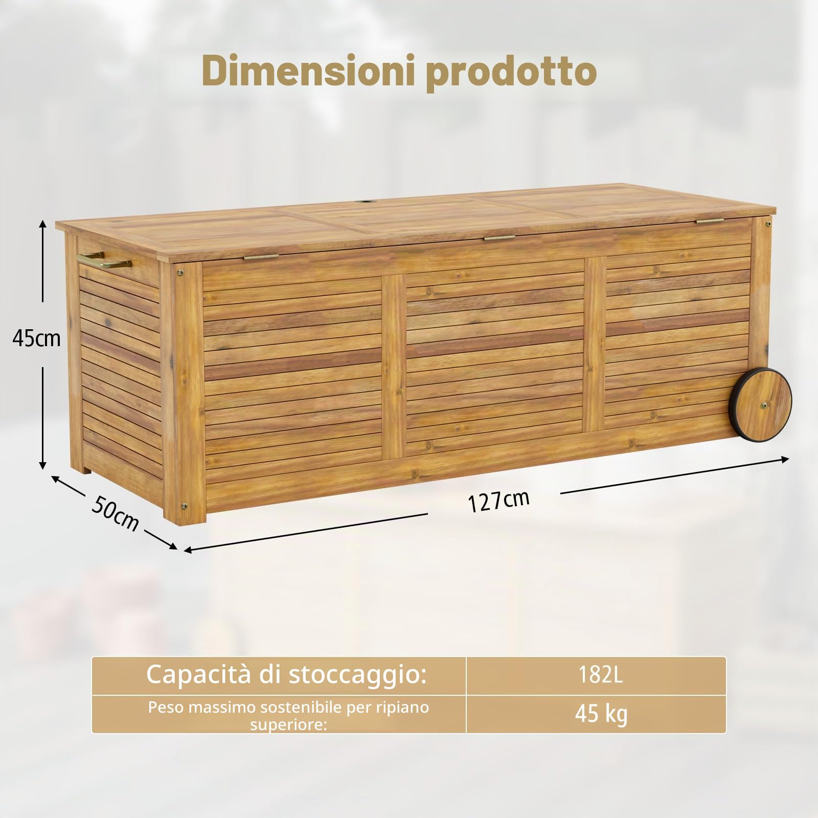 HOMASIS Cassapanca Da Giardino 182L Con Ruote In Legno Di Acacia, Scatola Per Cuscini Con Tasca Interna Impermeabile, Scatola Per Giardino Con Maniglia, Cassapanca Resistente