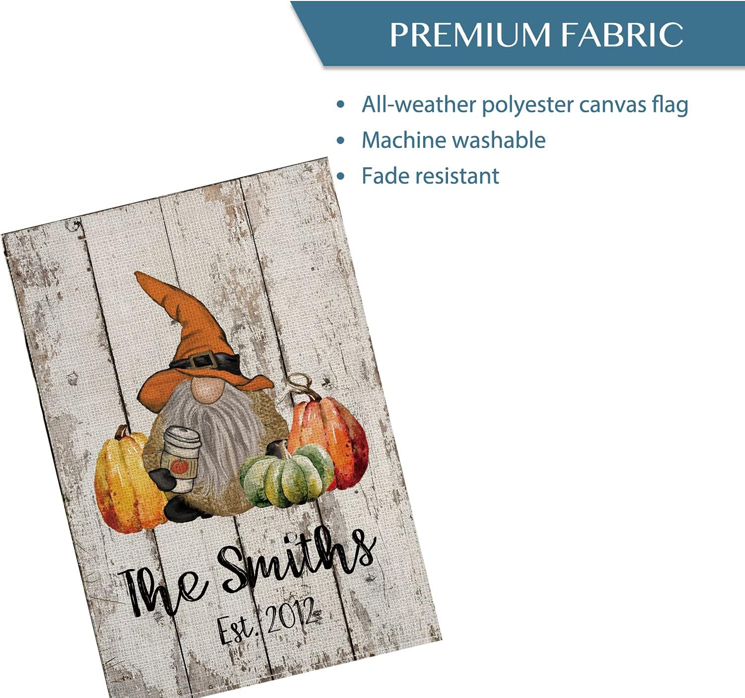 Smile Personalized Fall House Flag, Gnome and Pumpkins Customized Family Last Name and Year, Double Sided 28 x 40 Inch Rustic Farmhouse Burlap Yard Outdoor Decoration